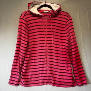 LL Bean Womens Striped Full Zip Hooded Cardigan Size Large Cotton Preppy Stretch